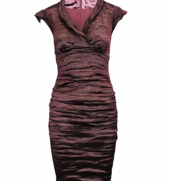 Nicole Miller Collection metallic crinkle stretch V-Neck Dress Sz 6 Eggplant